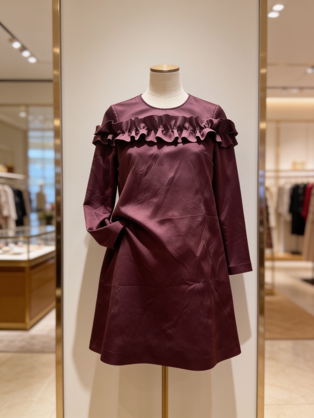 Brand New Ted Baker London Ruffle Trim Long Sleeve Dress in Burgundy - Picture 2 of 6